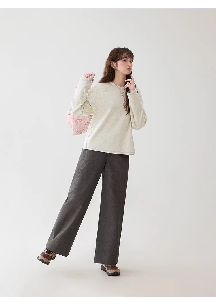 撞色反線長絨棉T恤女春季新款寬鬆插肩袖上衣,撞色反線長絨棉T恤女春季新款寬鬆插肩袖上衣,HBFS1009,撞色反線長絨棉T恤女春季新款寬鬆插肩袖上衣,撞色車線,花灰面料