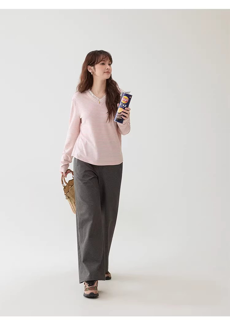 甜美粉紅條紋花邊v領T恤女春季新款寬鬆長袖上衣,甜美粉紅條紋花邊v領T恤女春季新款寬鬆長袖上衣,HBFS1028,甜美粉紅條紋花邊v領T恤女春季新款寬鬆長袖上衣,V領造型,蕾絲花邊