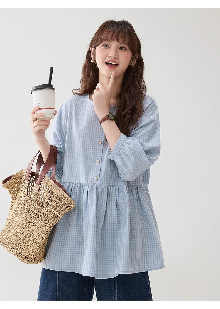 減齡八分袖純棉藍格襯衫女春新款寬鬆娃娃衫上衣,減齡八分袖純棉藍格襯衫女春新款寬鬆娃娃衫上衣,HBFS1039,減齡八分袖純棉藍格襯衫女春新款寬鬆娃娃衫上衣,清新格紋,全棉面料
