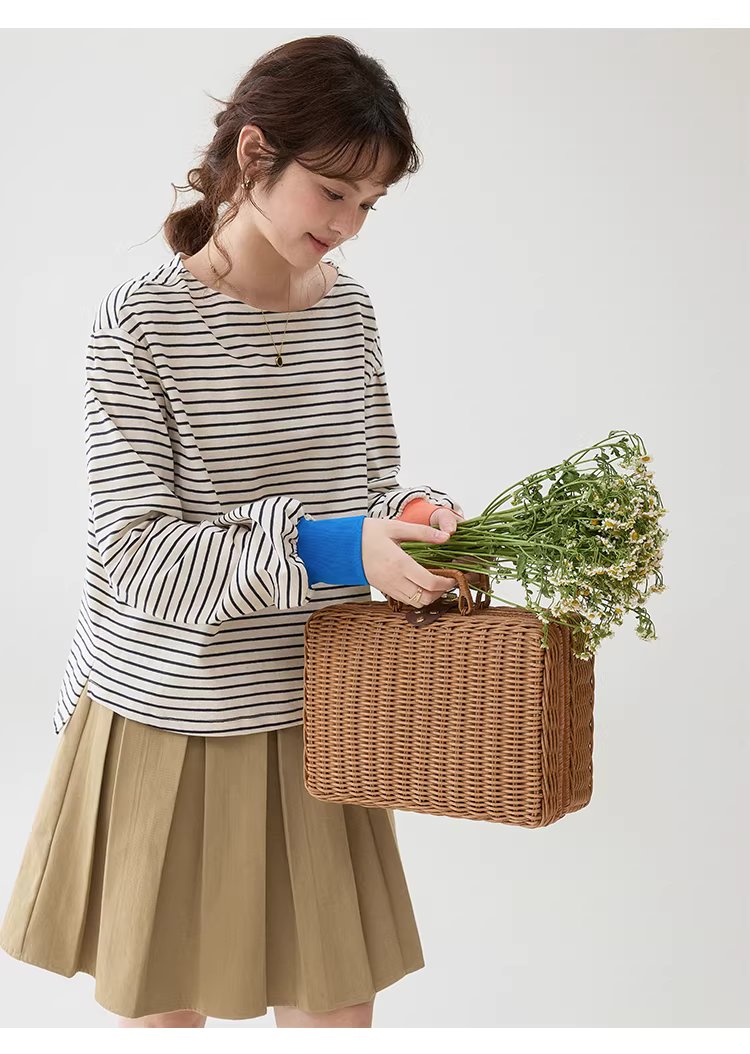 撞色條紋燈籠袖純棉T恤女春季新款寬鬆百搭上衣,撞色條紋燈籠袖純棉T恤女春季新款寬鬆百搭上衣,HBFS1042,撞色條紋燈籠袖純棉T恤女春季新款寬鬆百搭上衣,撞色拼接,全棉面料