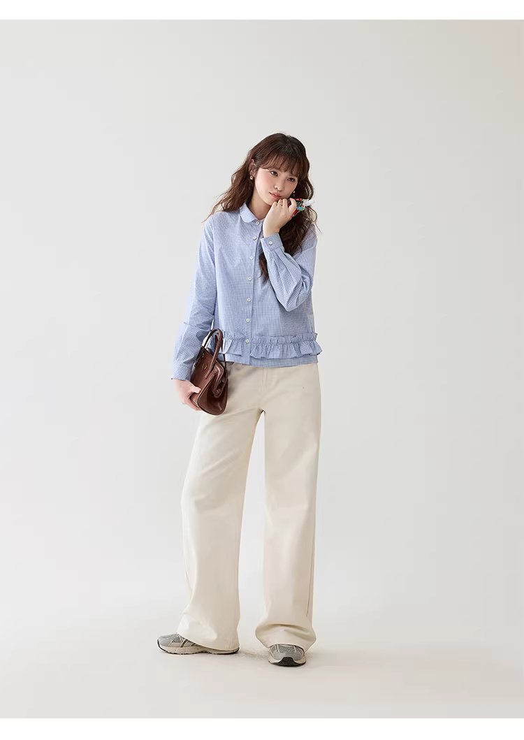 藍格荷葉邊娃娃領襯衫女春季新款純棉長袖短上衣,藍格荷葉邊娃娃領襯衫女春季新款純棉長袖短上衣,HBFS1049,藍格荷葉邊娃娃領襯衫女春季新款純棉長袖短上衣,荷葉衣襬,全棉面料