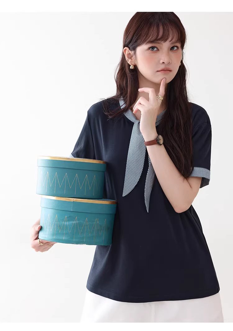 拼接格紋綁帶領短袖T恤女夏季新款時尚減齡上衣,拼接格紋綁帶領短袖T恤女夏季新款時尚減齡上衣,HBFS1053,拼接格紋綁帶領短袖T恤女夏季新款時尚減齡上衣,領結造型,舒適面料
