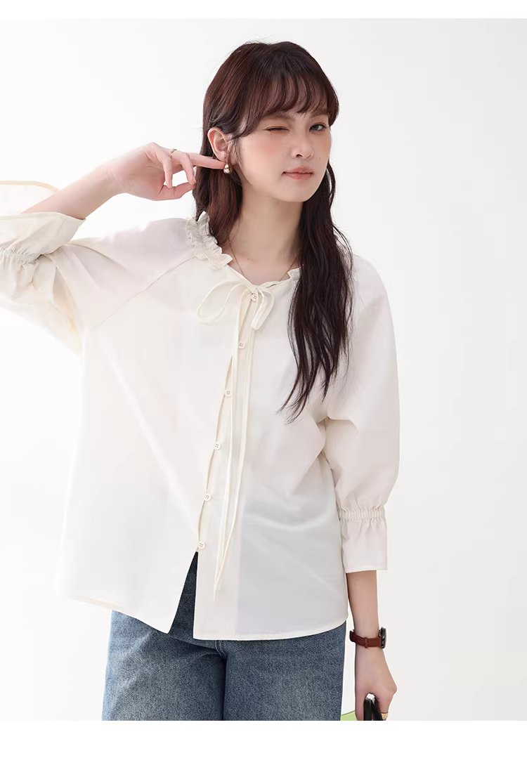 法式木耳邊綁帶V領襯衫女夏新款七分袖羈扣上衣,法式木耳邊綁帶V領襯衫女夏新款七分袖羈扣上衣,HBFS1055,法式木耳邊綁帶V領襯衫女夏新款七分袖羈扣上衣,法式甜美,木耳邊