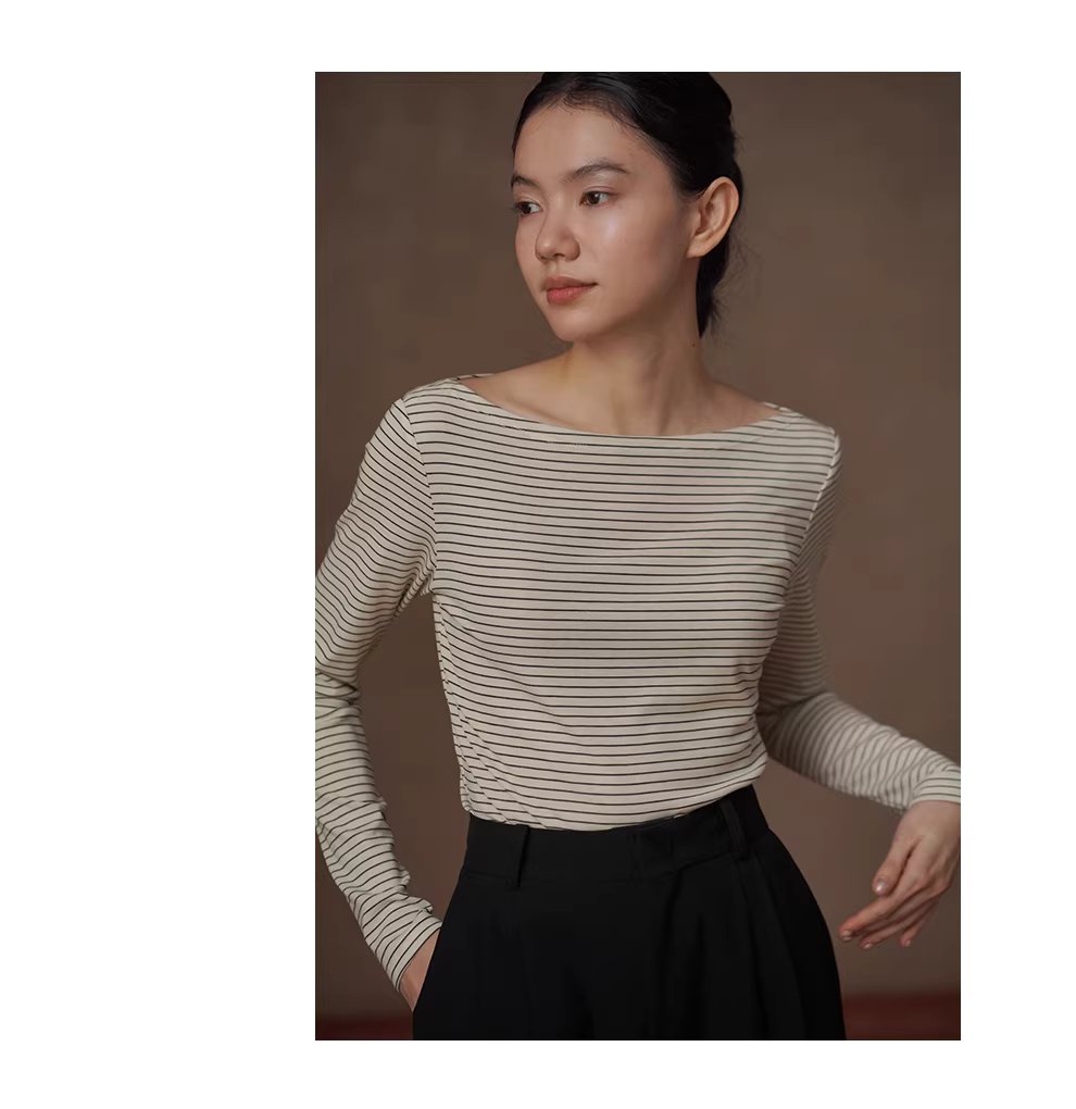法式經典細條紋上衣氣質一字領正肩顯瘦長袖休閒百搭T恤,上衣,法式經典細條紋上衣氣質一字領正肩顯瘦長袖休閒百搭T恤,HBFS1065,法式經典細條紋上衣氣質一字領正肩顯瘦長袖休閒百搭T恤,彈性透氣