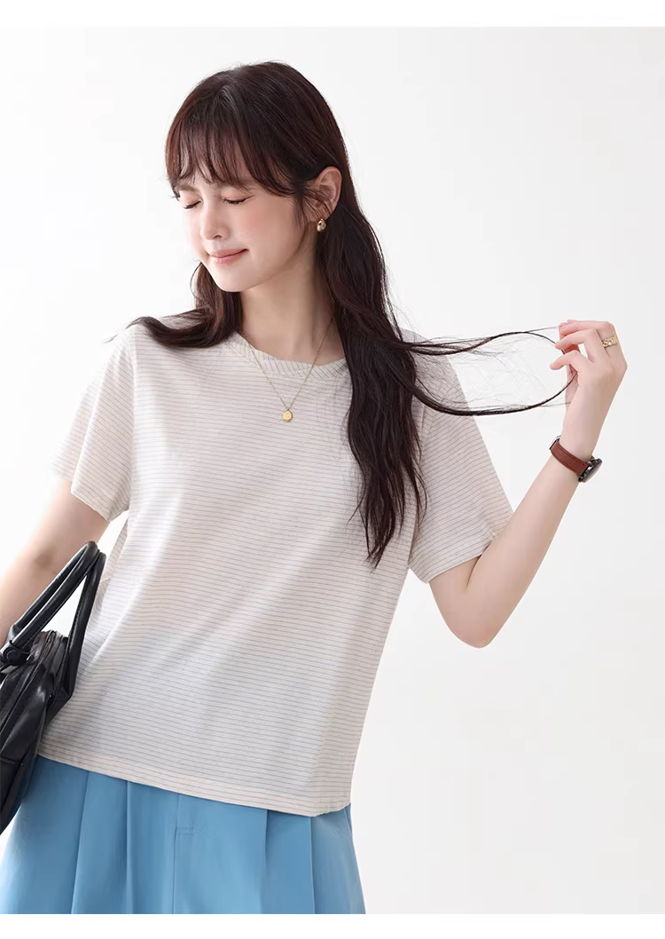 扭結圓領棉麻感條紋T恤女夏季新款寬鬆短袖上衣,扭結圓領棉麻感條紋T恤女夏季新款寬鬆短袖上衣,HBFS1089,扭結圓領棉麻感條紋T恤女夏季新款寬鬆短袖上衣,條紋造型,棉麻材質