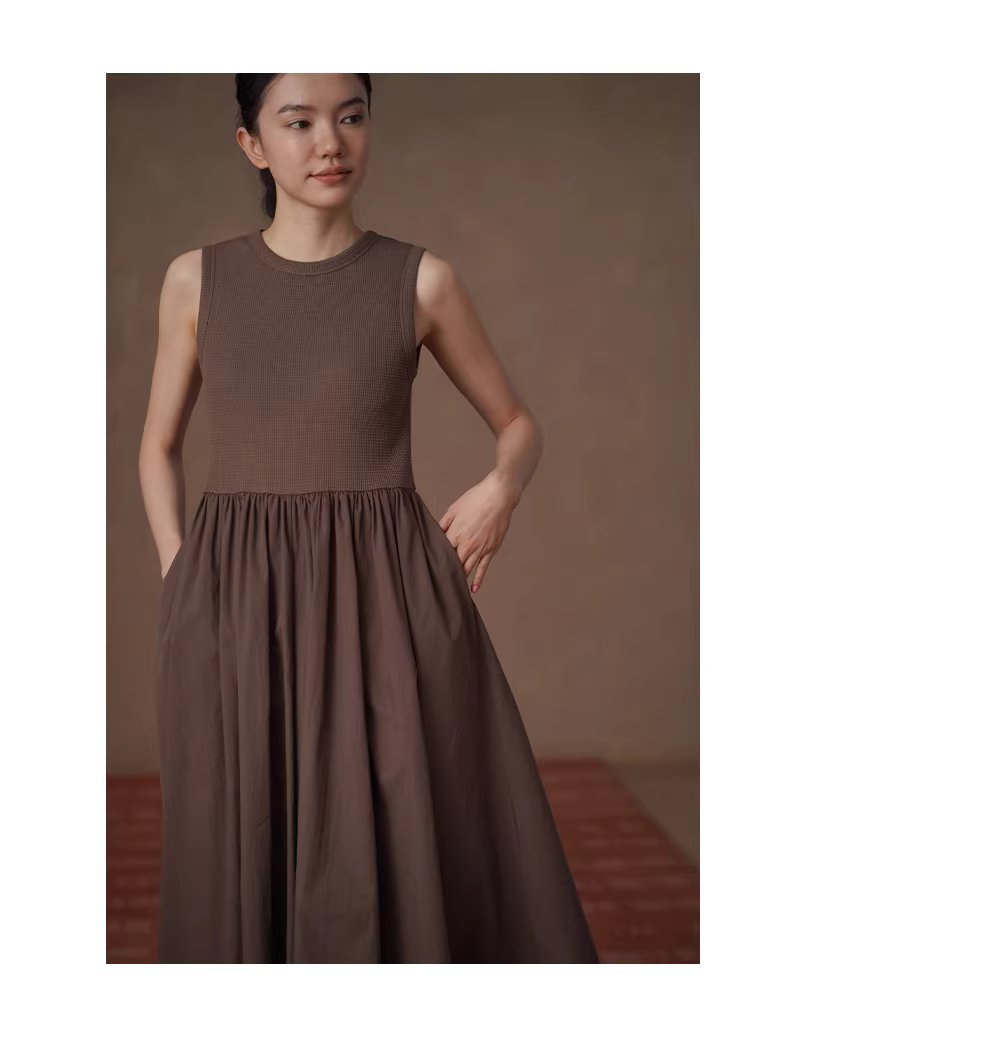 桑莓華夫格拼接高支棉混紡扭褶高腰顯瘦背心蓬蓬連身裙,桑莓華夫格拼接高支棉混紡扭褶高腰顯瘦背心蓬蓬連身裙,HBFS7041,桑莓華夫格拼接高支棉混紡扭褶高腰顯瘦背心蓬蓬連身裙,透氣不悶,高腰傘裙