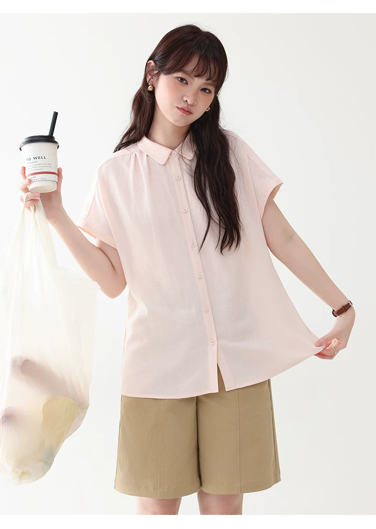 甜美純色小翻領短袖襯衫女夏新款寬鬆單排扣上衣,襯衫,韓系女裝,甜美純色小翻領短袖襯衫女夏新款寬鬆單排扣上衣,HBFS1100,甜美純色小翻領短袖襯衫女夏新款寬鬆單排扣上衣