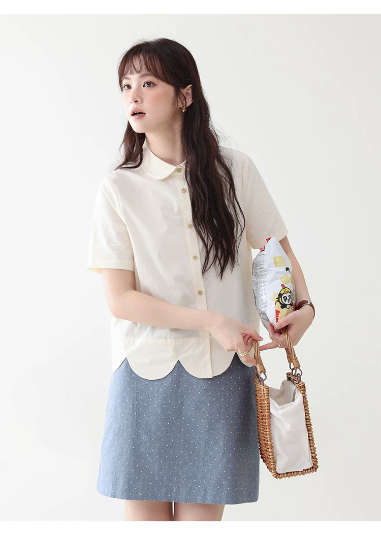 設計感波浪下擺純棉襯衫女夏新款減齡娃娃領上衣,設計感波浪下擺純棉襯衫女夏新款減齡娃娃領上衣,HBFS1112,設計感波浪下擺純棉襯衫女夏新款減齡娃娃領上衣,花邊衣襬,全棉面料