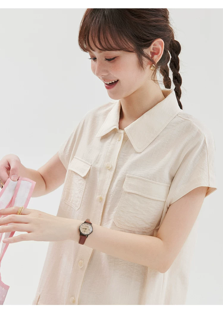 工裝感翻領壓褶洋裝女夏季新款減齡寬鬆短裙子,工裝感翻領壓褶洋裝女夏季新款減齡寬鬆短裙子,HBFS7145,工裝感翻領壓褶洋裝女夏季新款減齡寬鬆短裙子,工裝造型,壓褶細節