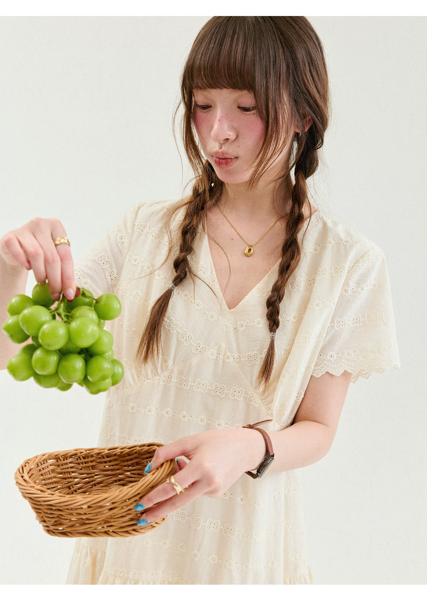 溫柔提花v領花邊洋裝女夏季新款純棉短袖短裙,溫柔提花v領花邊洋裝女夏季新款純棉短袖短裙,HBFS7189,溫柔提花v領花邊洋裝女夏季新款純棉短袖短裙,V領造型,提花面料