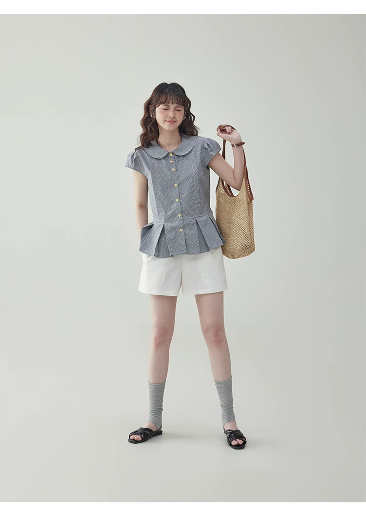 拼色格紋娃娃領波點襯衫女夏季新款減齡百褶上衣
