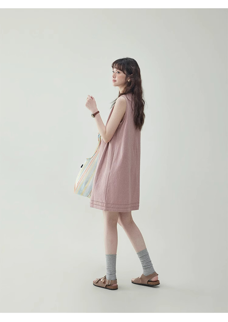 甜美粉紅無袖純棉洋裝女夏新款小個子背心短裙