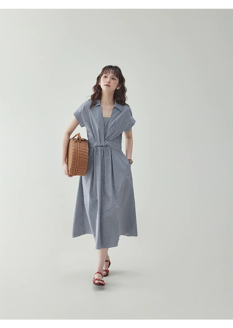 黑白格紋扭結短袖連身裙女夏季新款收腰a字中裙