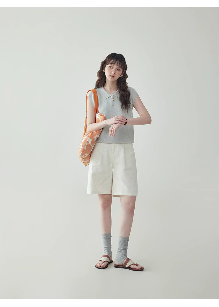 純色鏤空提花無袖針織衫女夏季新款寬鬆翻領上衣