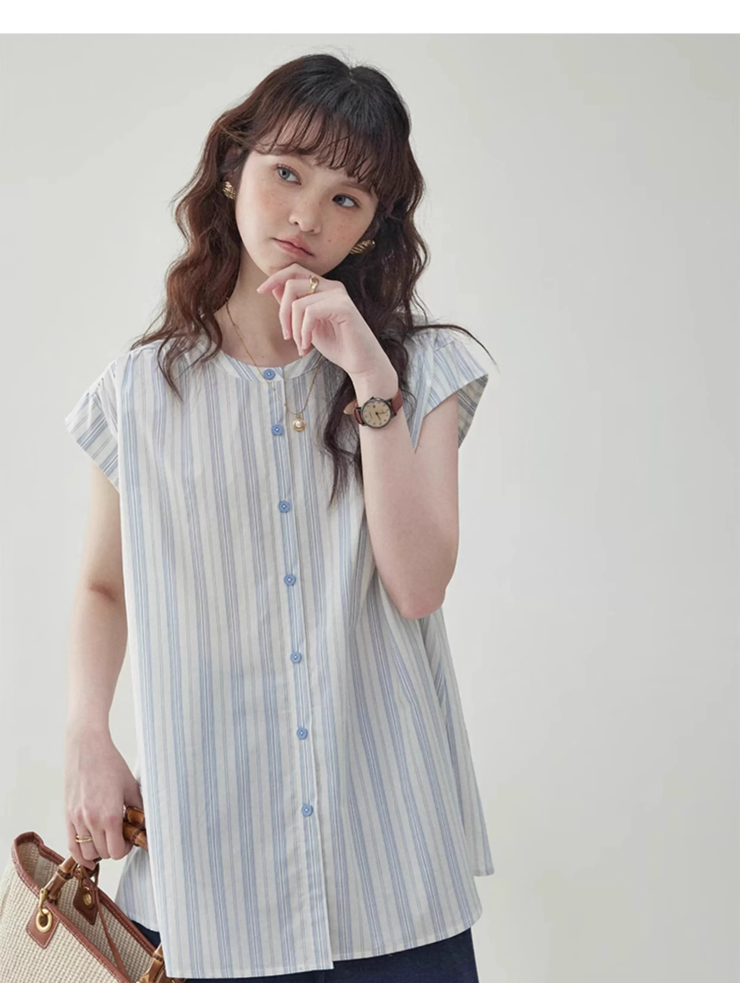 藍色豎紋飛飛袖純棉襯衫女夏季新款寬鬆紐扣上衣