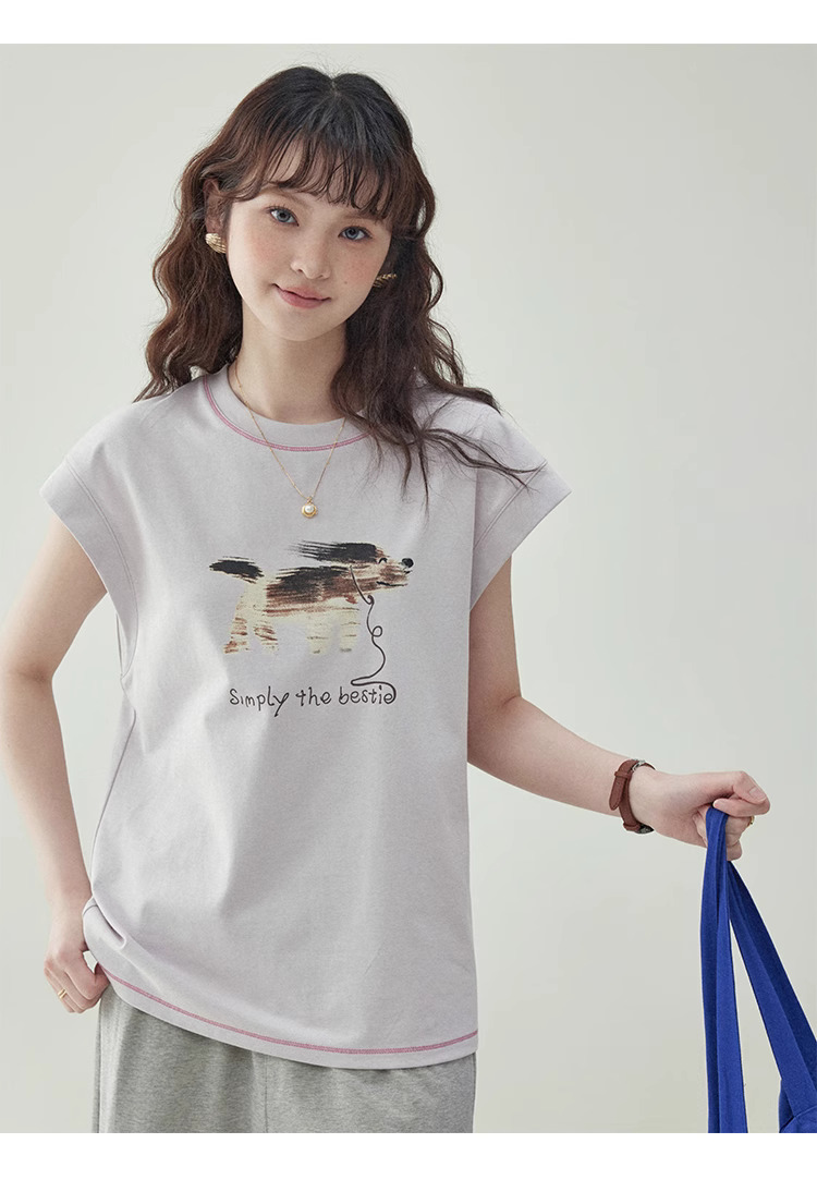 少女感小狗印花無袖純棉t卹女夏季減齡寬鬆上衣
