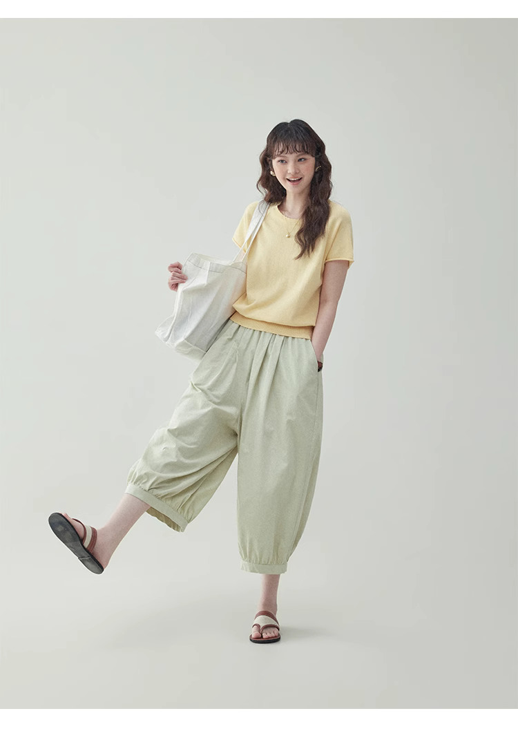 鵝黃色收腰捲邊針織衫女夏季新款插肩袖寬鬆上衣