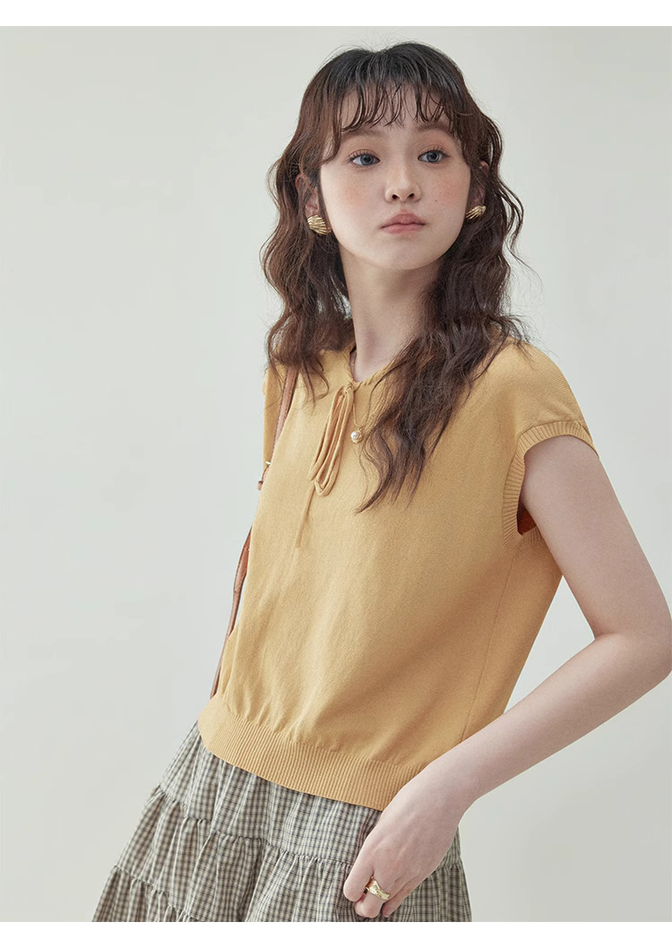 黃色綁帶v領無袖針織衫女夏季新款寬鬆短上衣