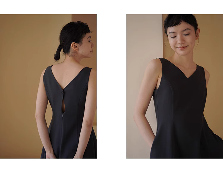 搖曳漫步優雅洋裝無袖V領收腰立裁遮肉大裙擺通勤裙子