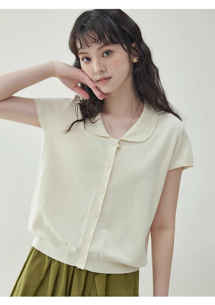 溫柔紫色娃娃v領針織衫女夏季新款短袖扣上衣