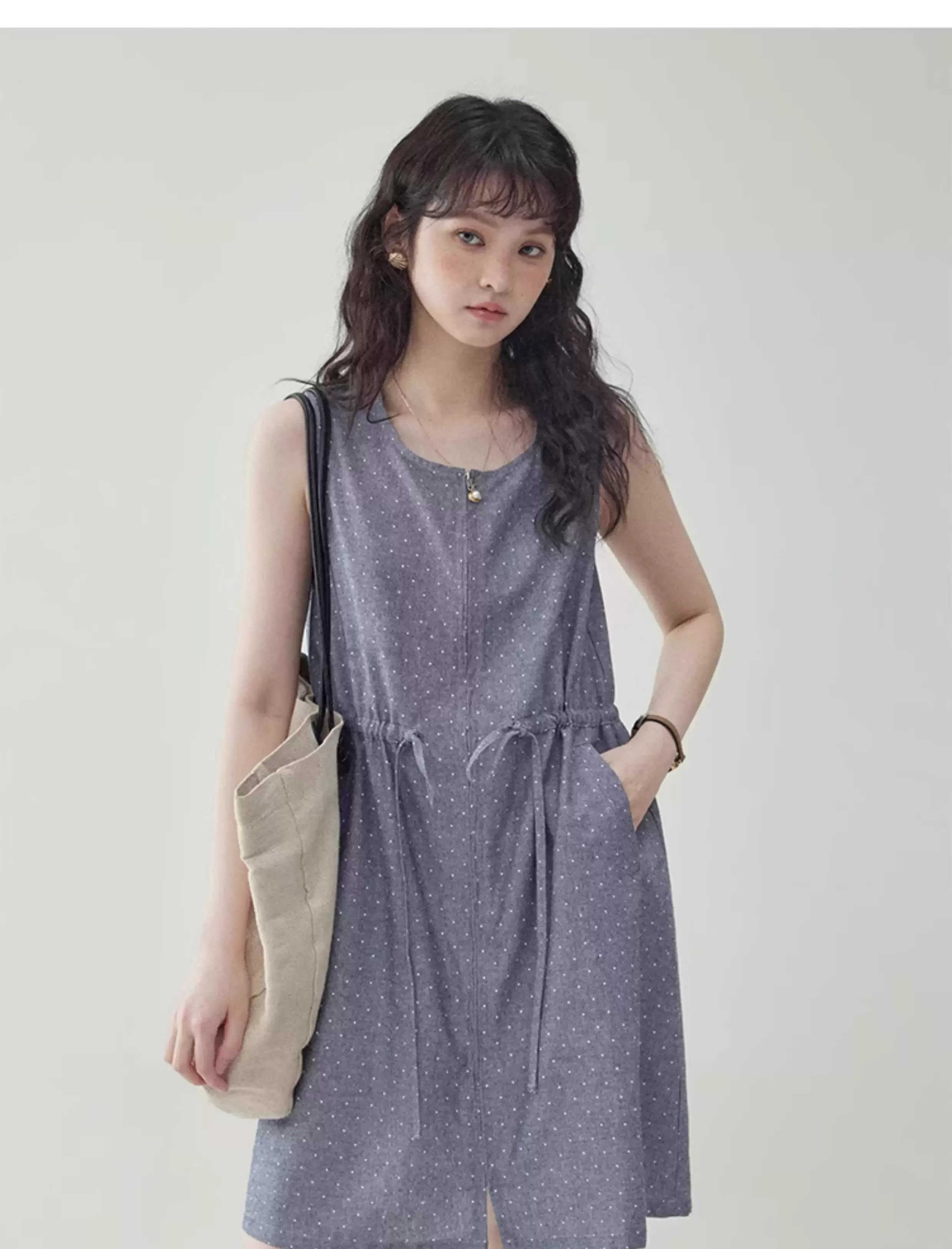 韓系波點無袖拉鍊洋裝女夏季新款抽繩背心短裙