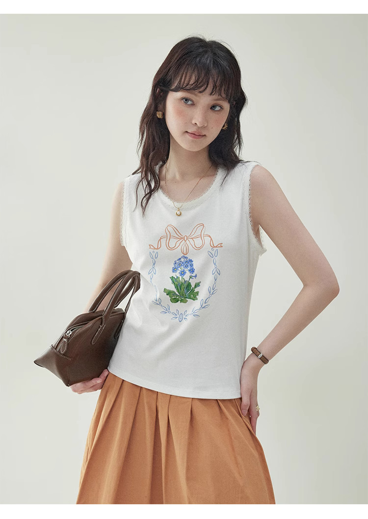 韓系花朵印花背心T恤女25夏季新款蕾絲無袖上衣
