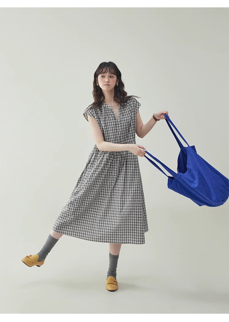 黑格抽繩v領純棉洋裝女夏季新款a字短袖中長裙