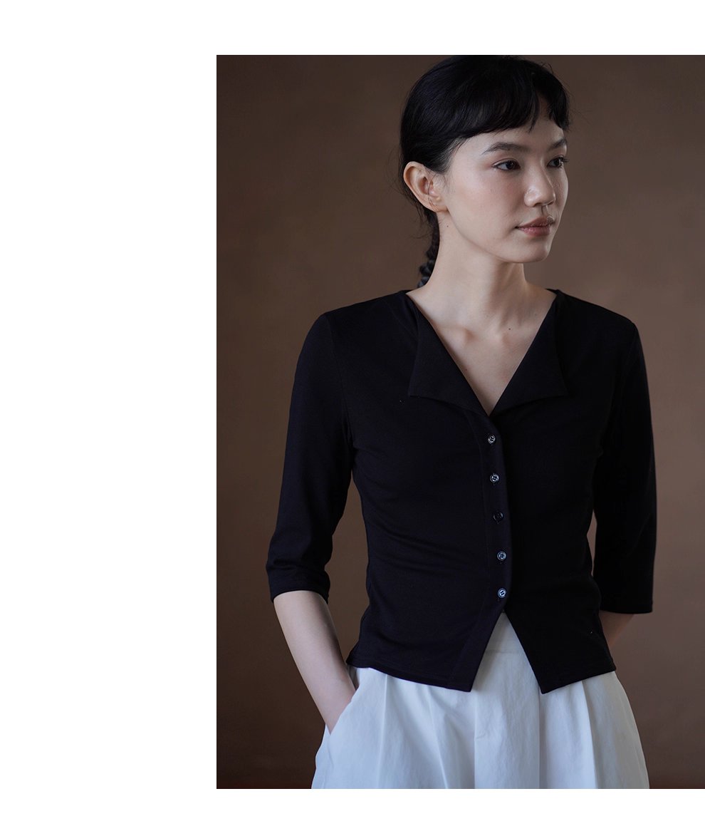 品質通勤雙面織布V領氣質上衣遮肉中袖合身彈性顯瘦T恤