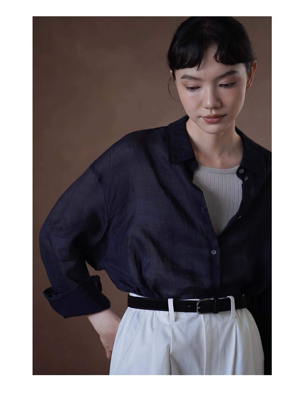 清透微風天然100苧麻襯衫寬鬆顯瘦通勤廓形落肩長袖上衣