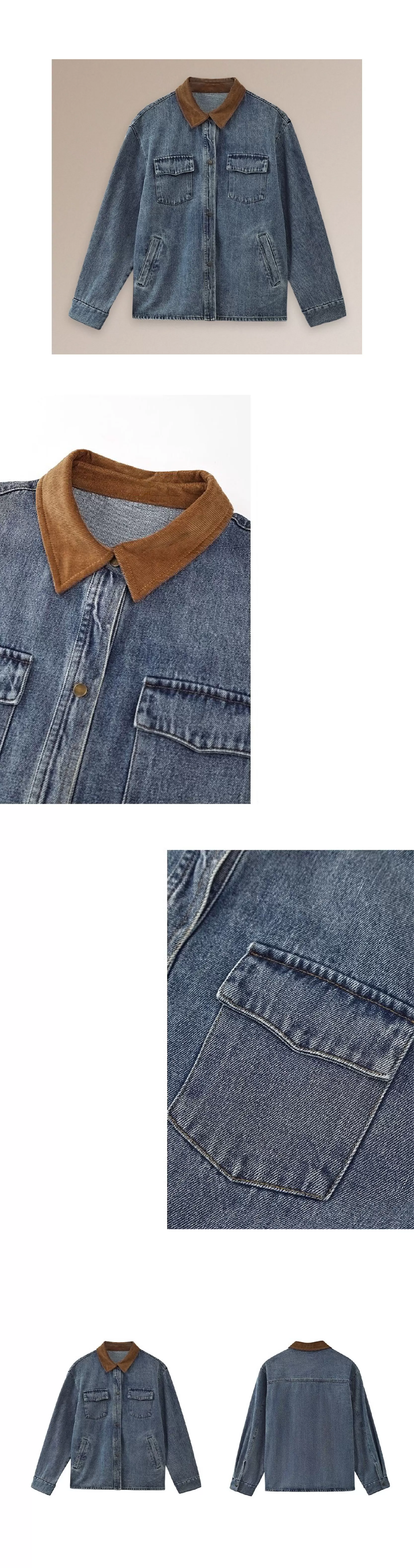 復古風潮做舊水洗燈芯絨拼接翻領牛仔襯衫寬鬆顯瘦外套