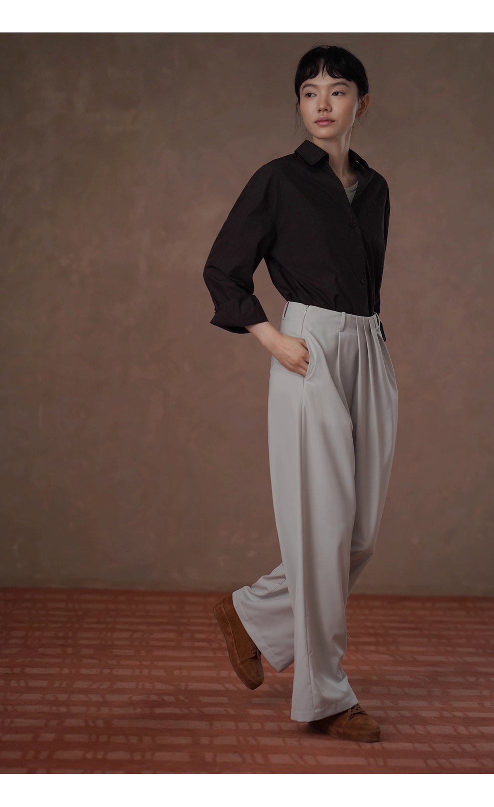 知識分子高智感襯衫濃鬱古巴咖寬鬆顯瘦V領廓形通勤上衣