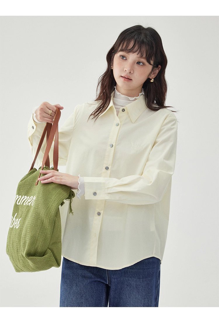 單排扣寬鬆繡襯衫女秋季新款慵懶長袖上衣