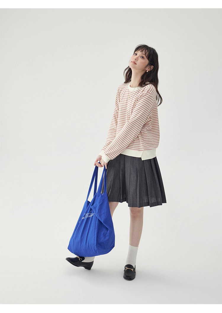 條紋不規則下擺衛衣T恤女秋季新款圓領長袖上衣