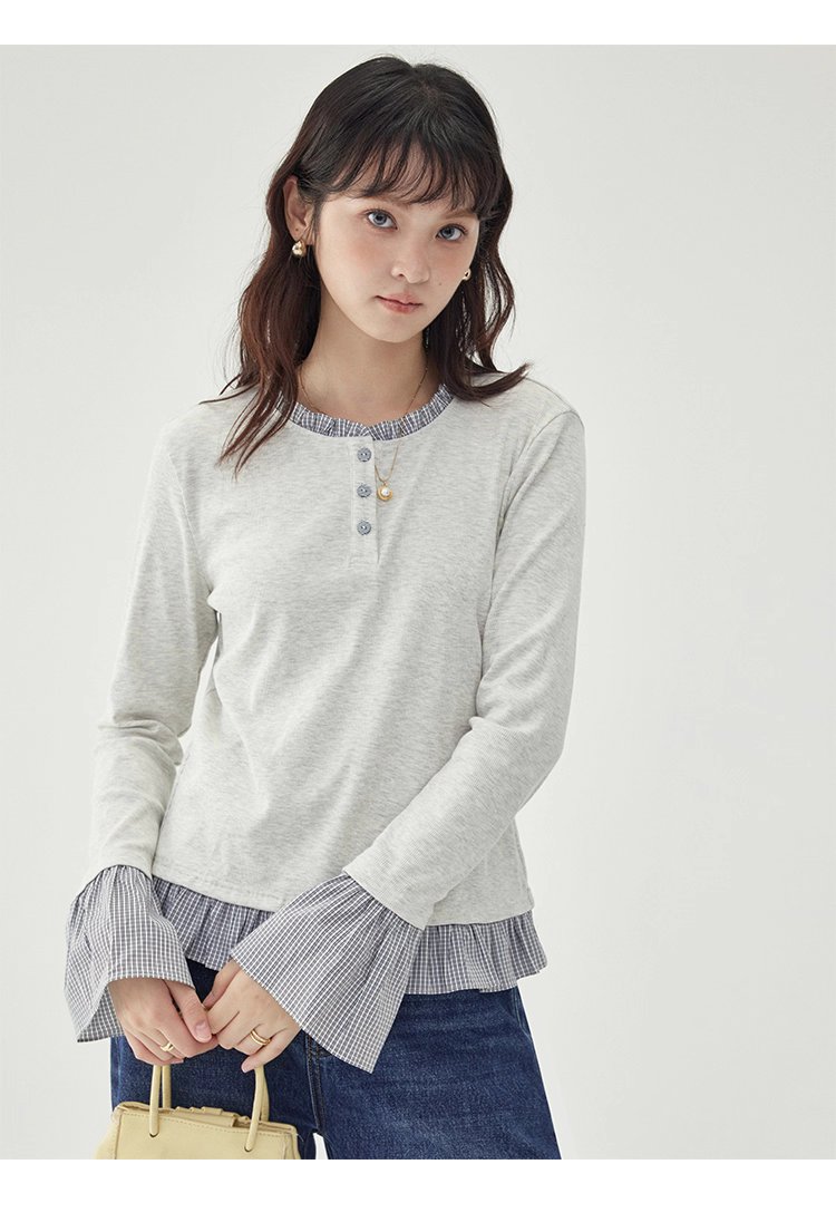 撞色拼接襯衫喇叭袖t卹女秋季新款寬鬆長袖上衣