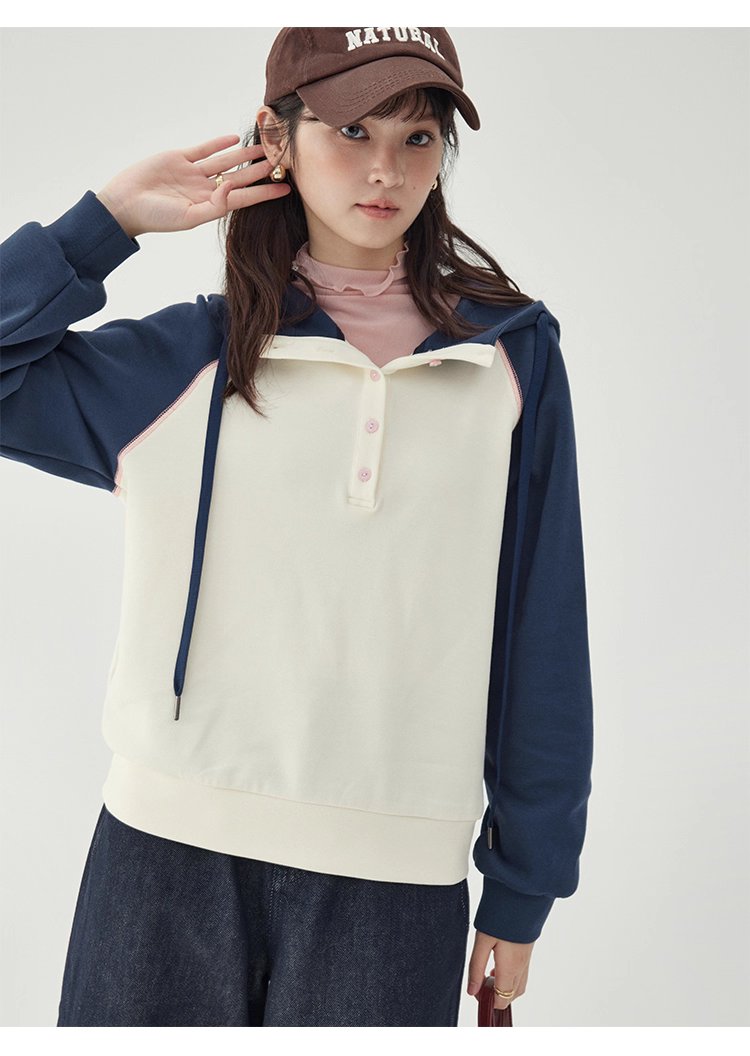 撞色插肩長袖連帽衛衣T恤女25秋季新款減齡上衣