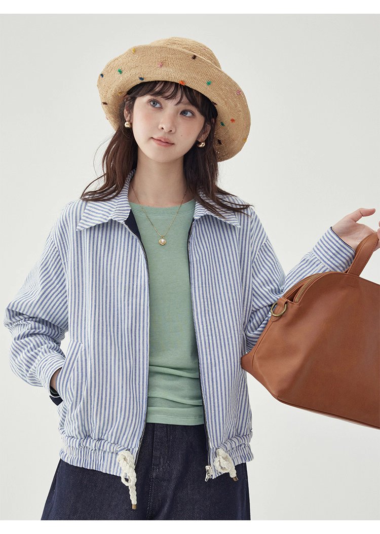 韓國翻領兩面穿拉鍊外套女秋季新款純棉長袖上衣