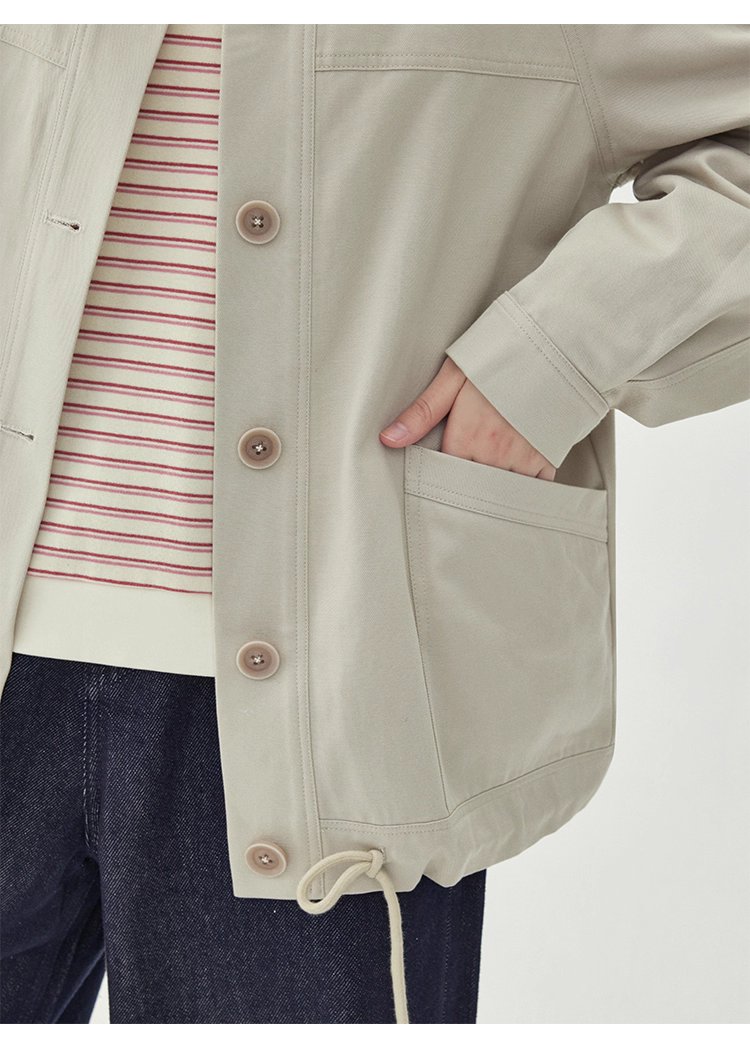 純色單排扣抽繩下擺外套女秋季新款圓領長袖上衣