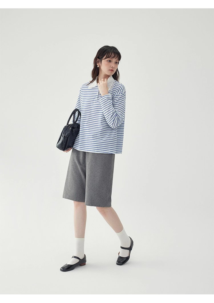 拼接翻領藍條紋長袖T恤女秋季新款寬鬆純棉上衣