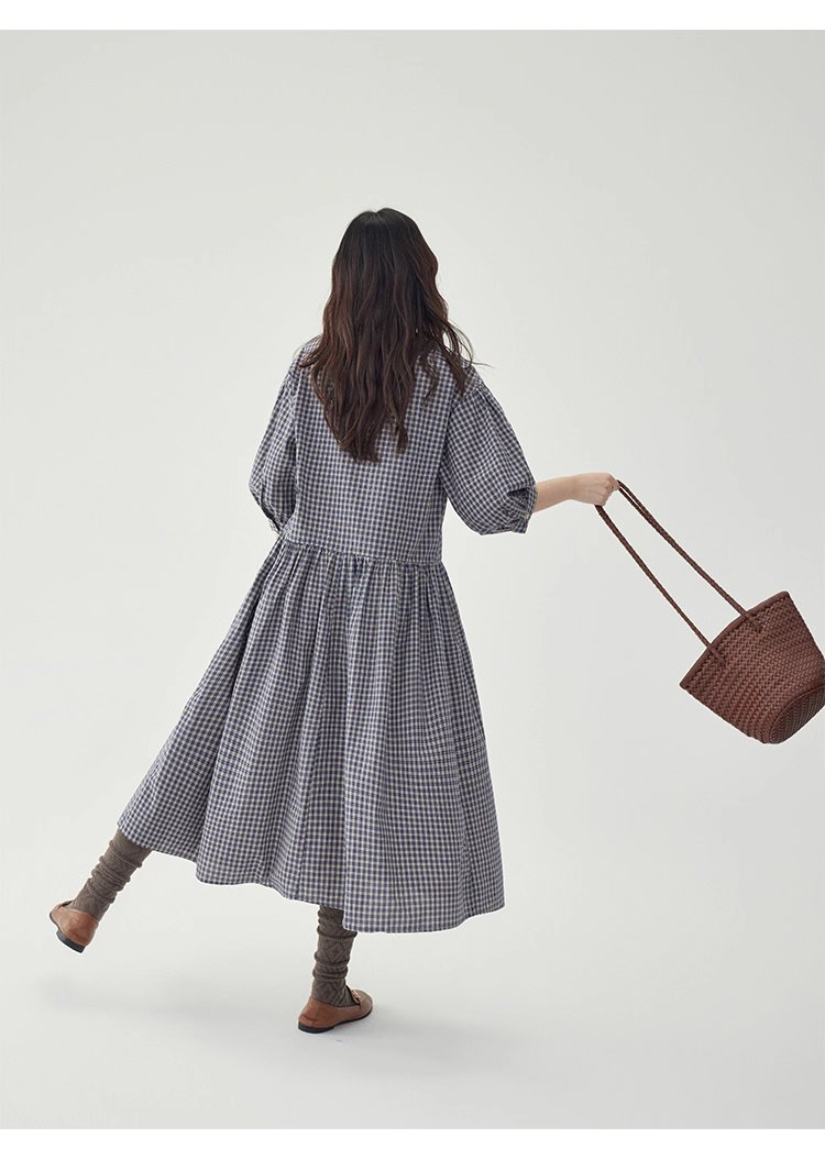 日系格紋燈籠袖洋裝女秋季新款寬鬆純棉a字裙
