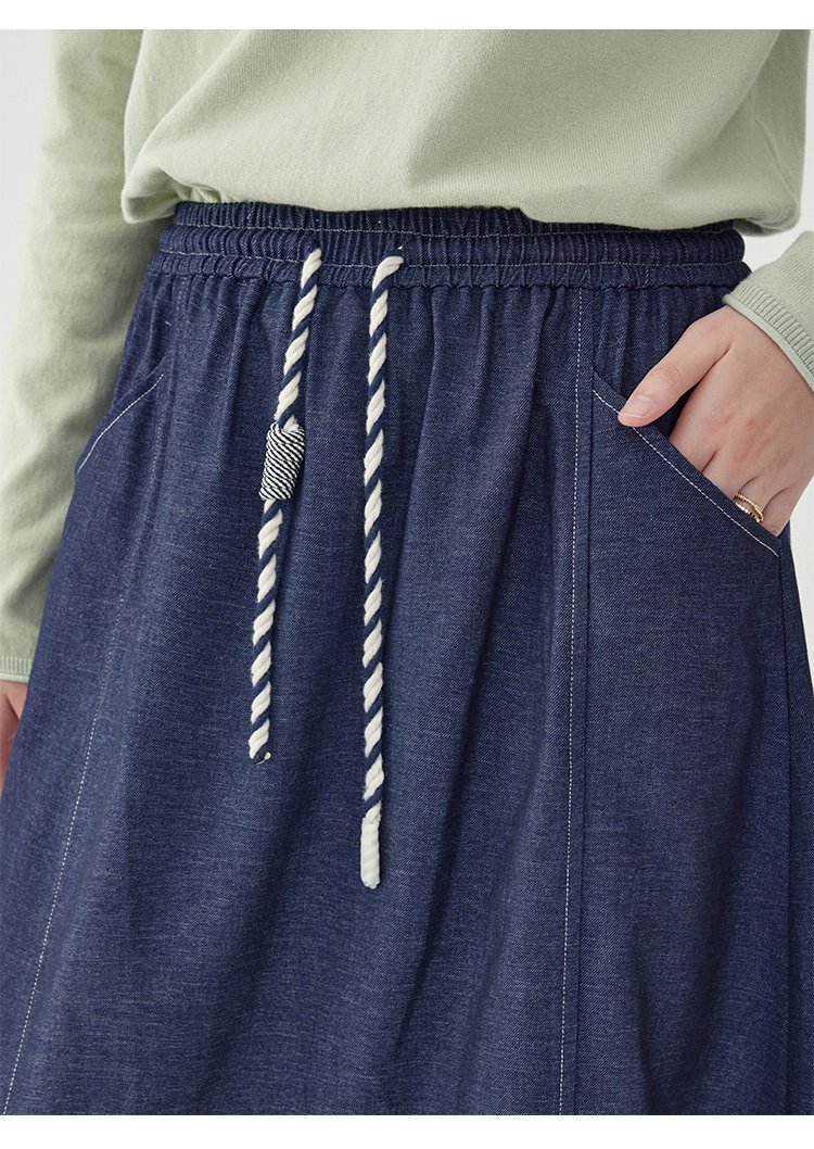 藍色鬆緊腰a字半身裙女秋季新款百搭抽繩中長裙