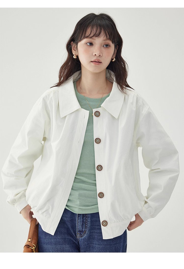 白色單排扣polo領長袖外套女25秋季新款寬鬆上衣