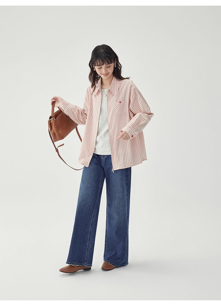 粉紅色圖案雙拉鍊長袖襯衫女秋季新款純棉外套上衣