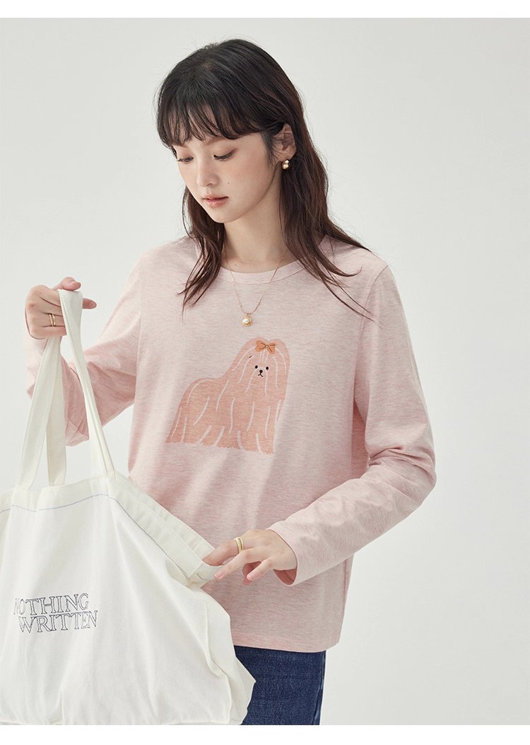 粉紅小狗印花長袖T恤女25秋季全新寬鬆減齡上衣