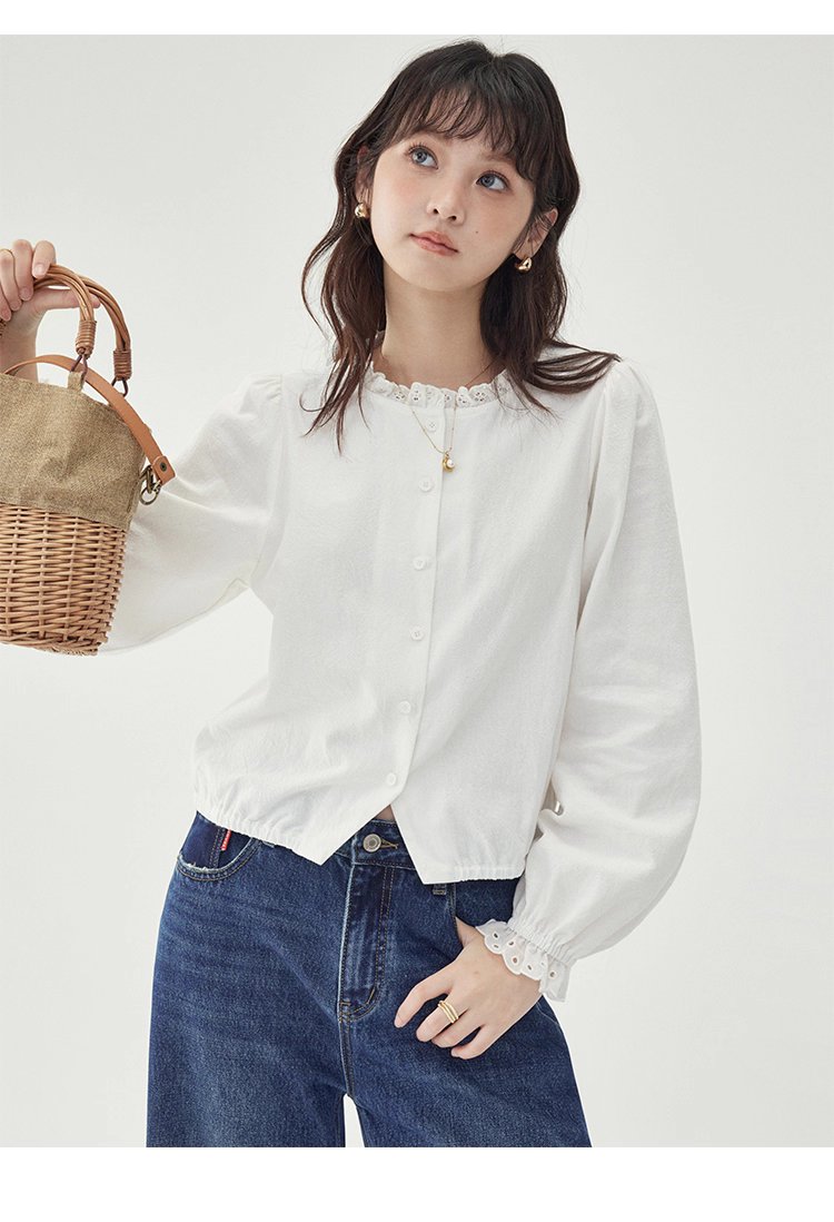 花邊長袖後貼花片白襯衫女秋季新款甜美純棉上衣