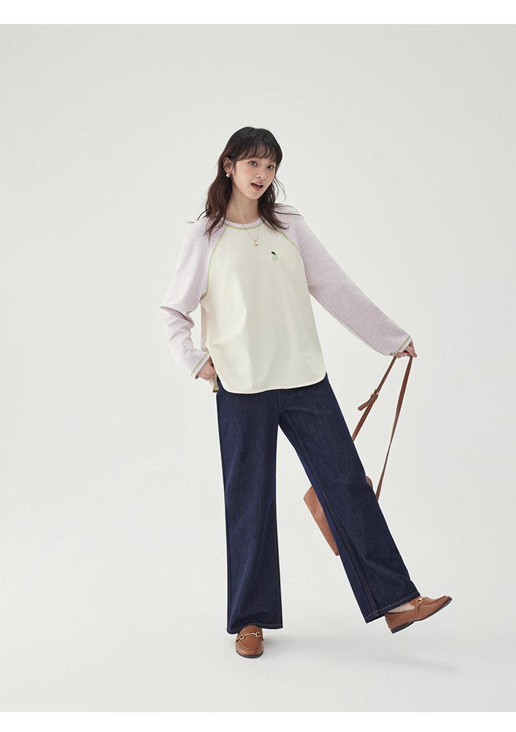 撞色插肩長袖側開叉T恤女秋季新款減齡刺繡上衣