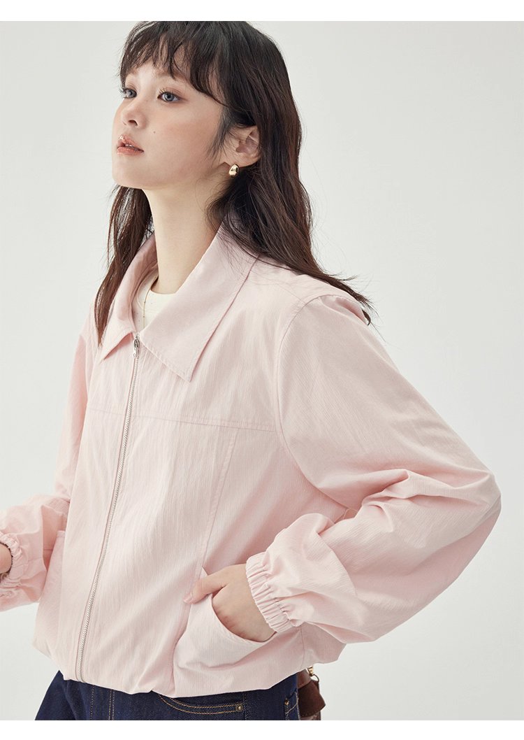 少女感粉紅拉鍊長袖外套女秋季新款翻領短版上衣