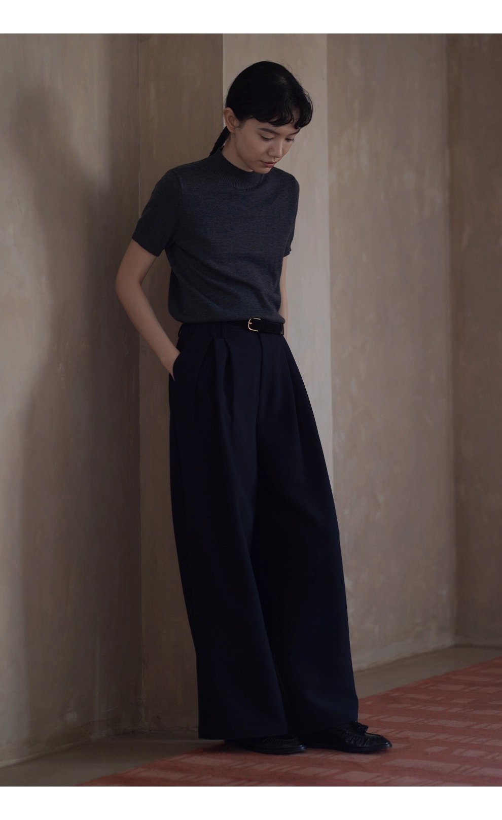 鬆弛顯瘦版型雙面織造斜紋西褲布料高腰闊腿通勤長褲女