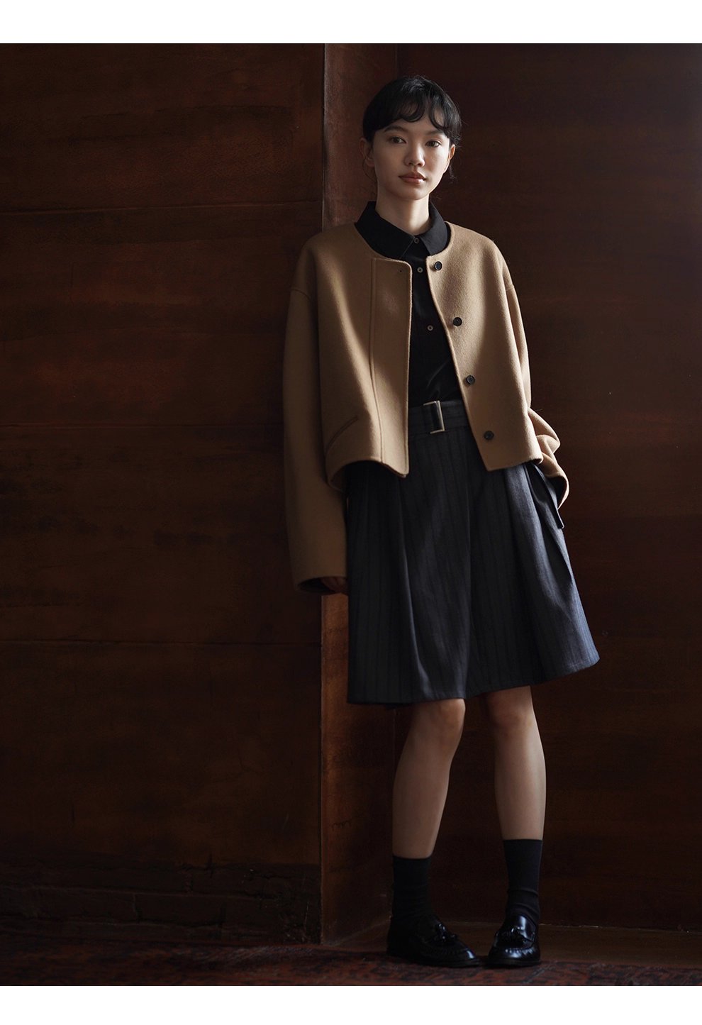 品質暗條紋肌理感斜門襟中長百褶高腰顯瘦學院風半身裙