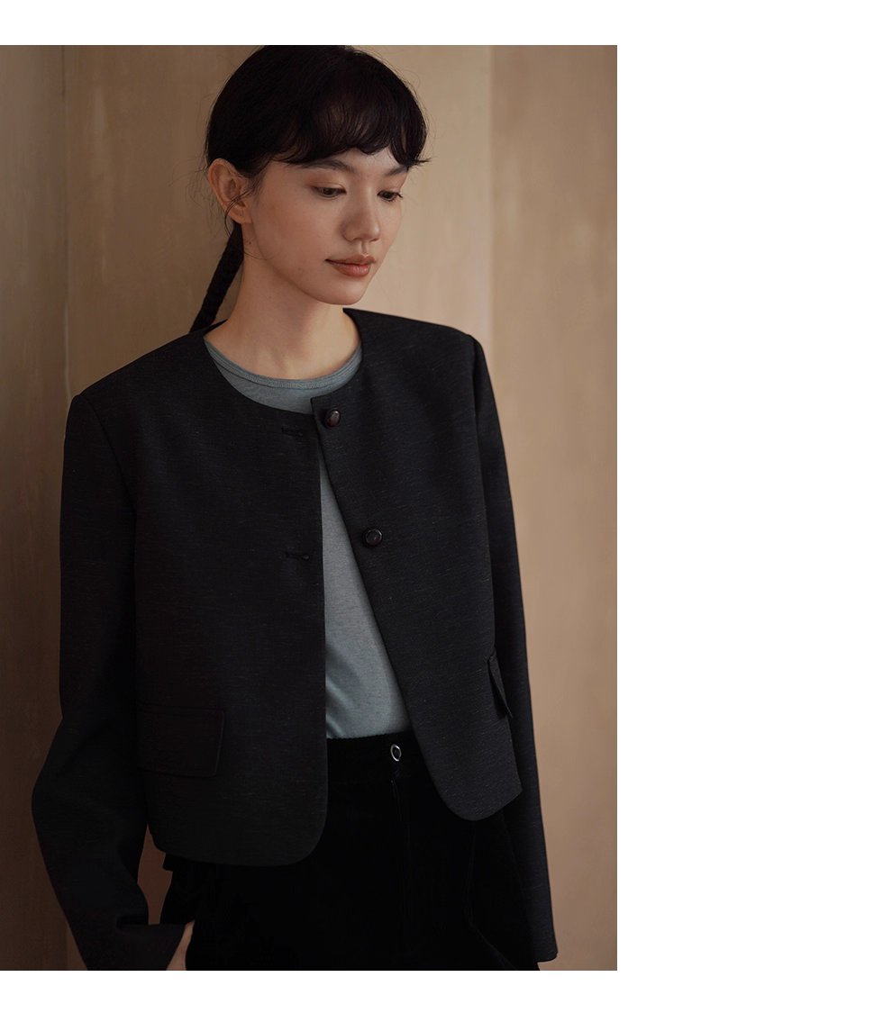 深空亞麻肌理感圓領通勤短外套經典俐落簡約顯瘦西裝女