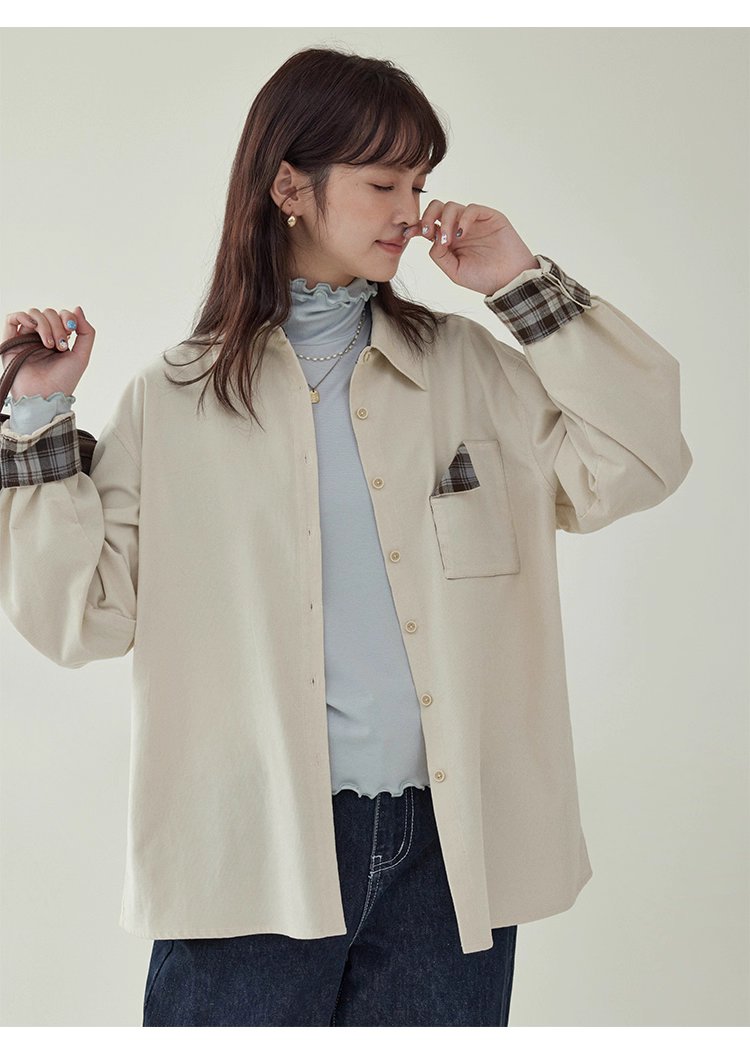 撞色格紋燈芯絨長袖襯衫女秋季新款翻領外套上衣